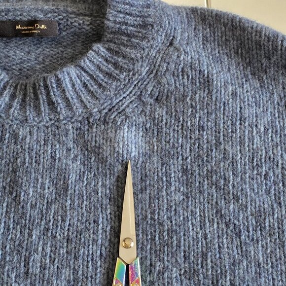 Massimo Dutti Sweater Men XL Heathered Blue LS Crewneck Wool Blend Academia FLAW - Picture 10 of 16